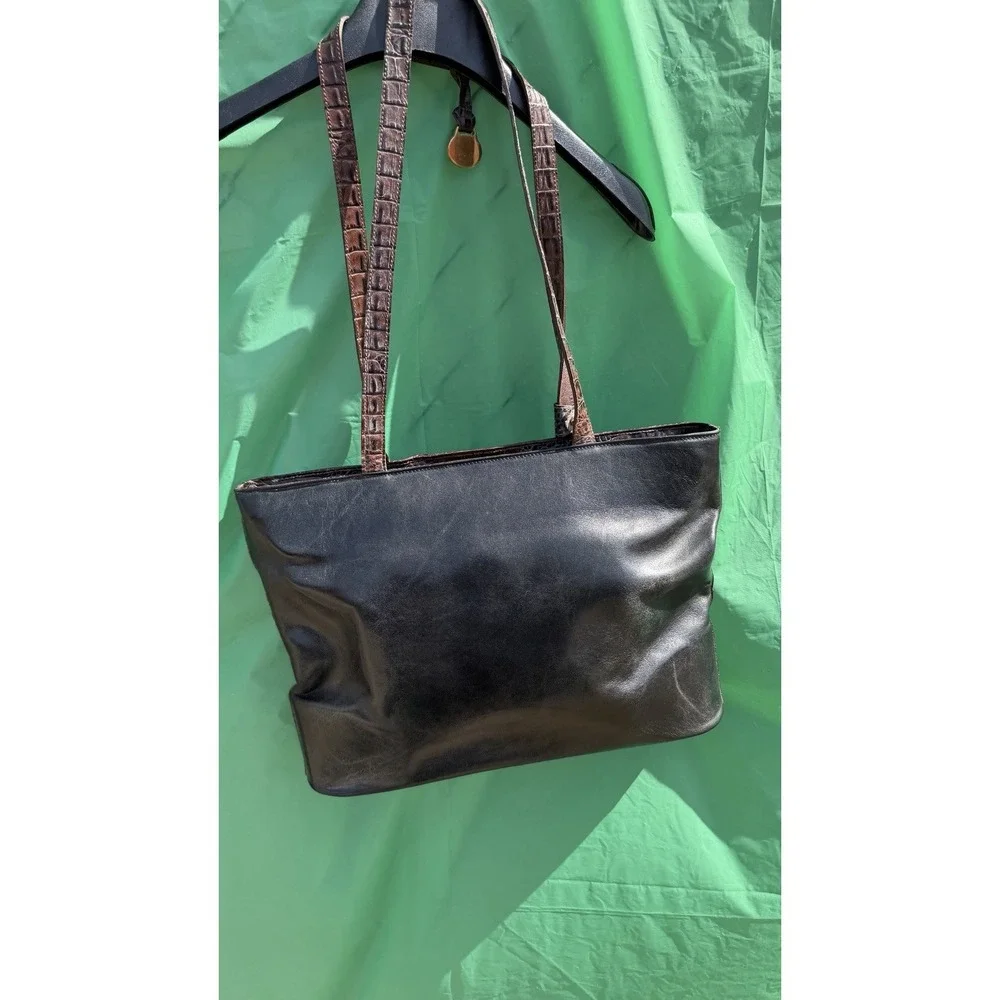 Brahmin Black‎ Brown Leather Tote Bag Croc Embossed Shoulder Purse